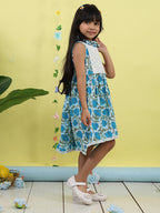 Blue cotton floral printed with hakoba patch dress