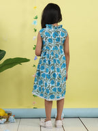 Blue cotton floral printed with hakoba patch dress