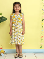 Yellow cotton floral printed Dress with sleeveless jacket