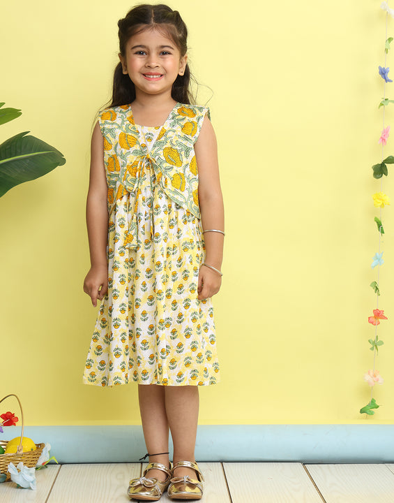 Yellow cotton floral printed Dress with sleeveless jacket