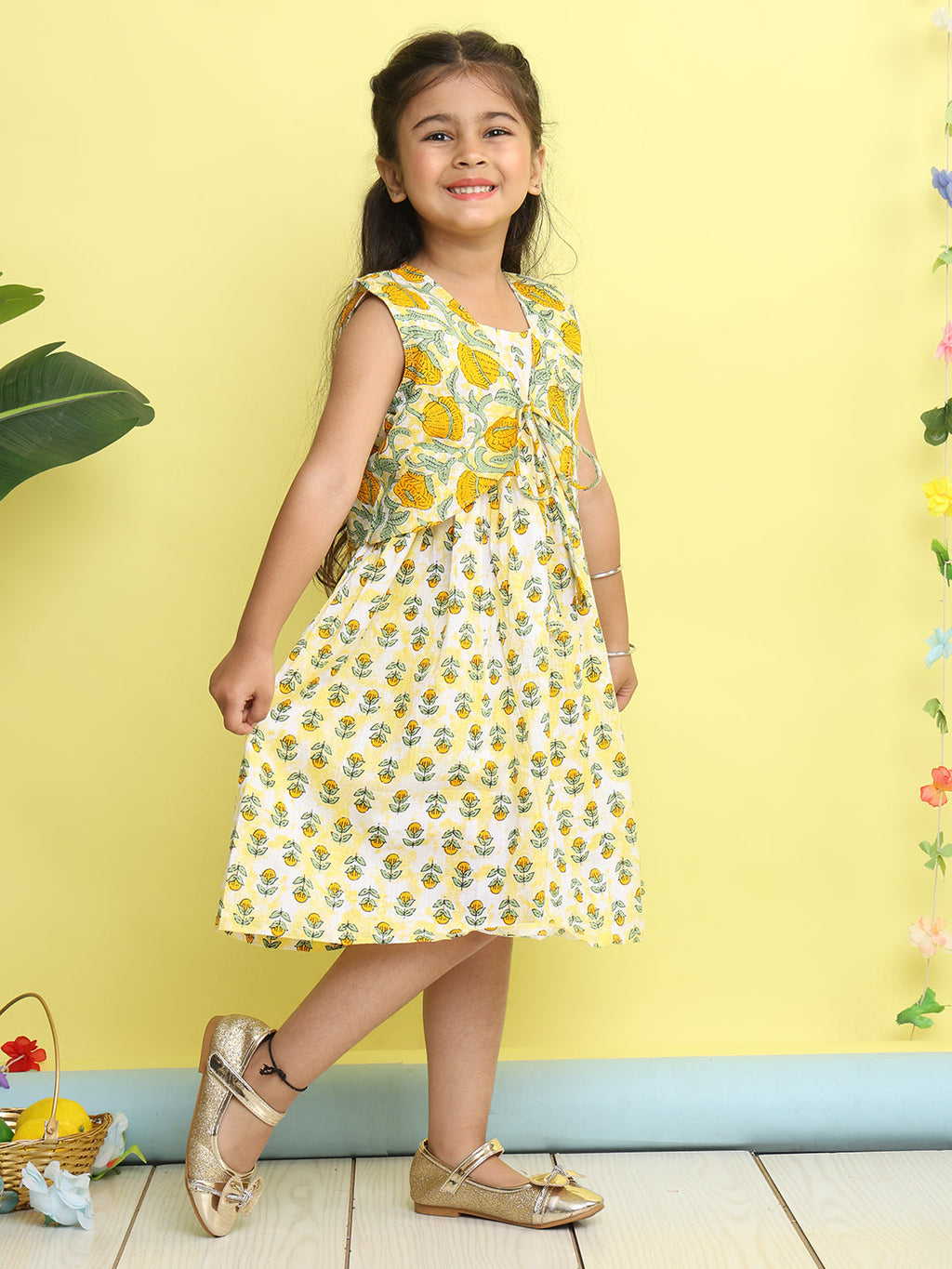 Yellow cotton floral printed Dress with sleeveless jacket