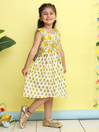 Yellow cotton floral printed Dress with sleeveless jacket