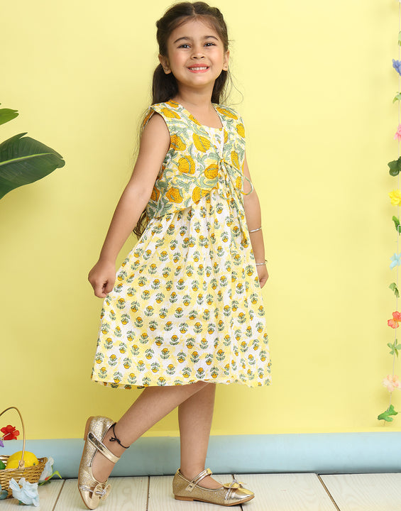 Yellow cotton floral printed Dress with sleeveless jacket