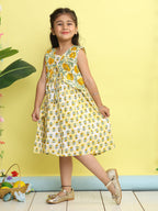 Yellow cotton floral printed Dress with sleeveless jacket