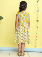 Yellow cotton floral printed Dress with sleeveless jacket