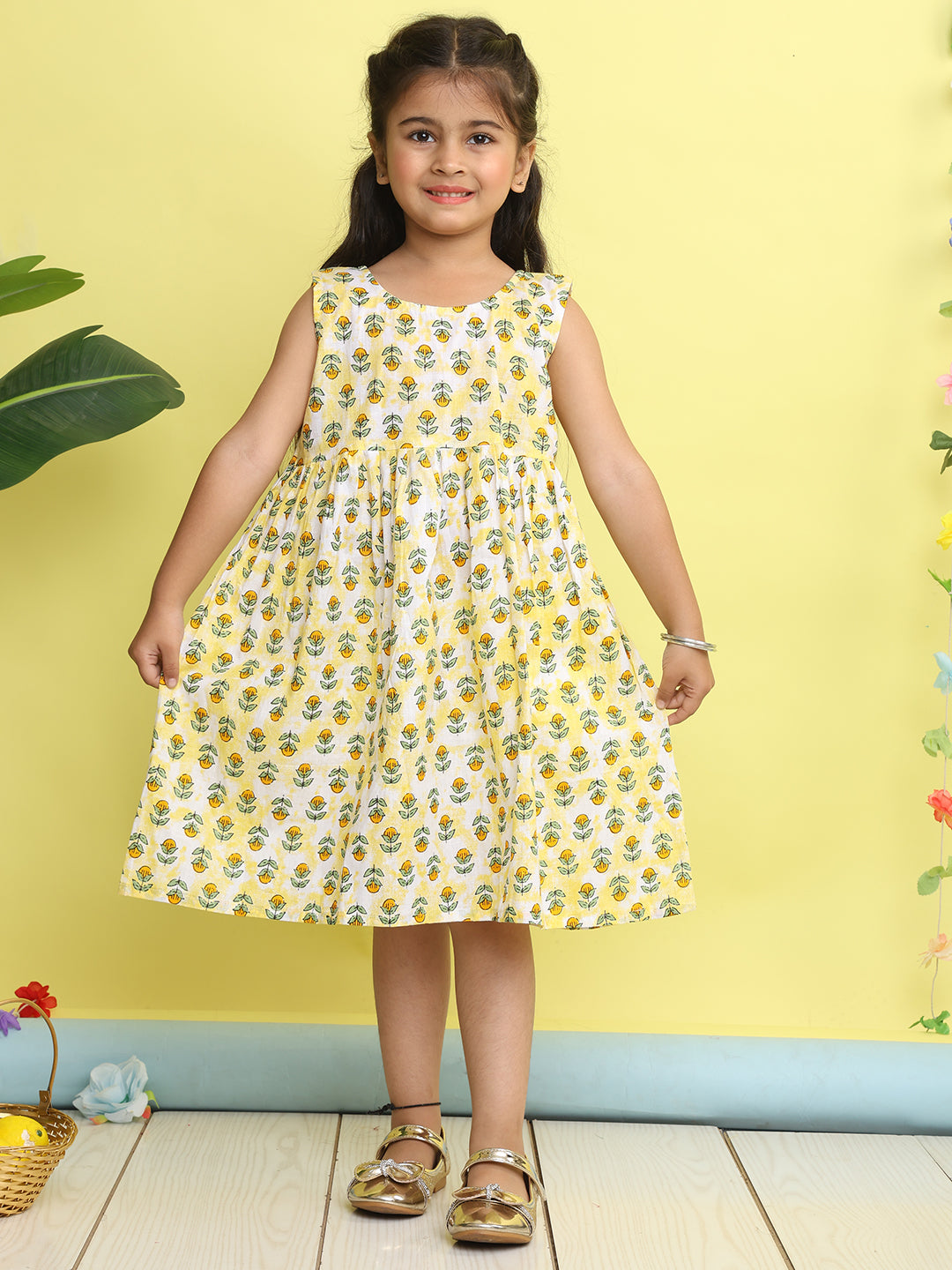 Yellow cotton floral printed Dress with sleeveless jacket