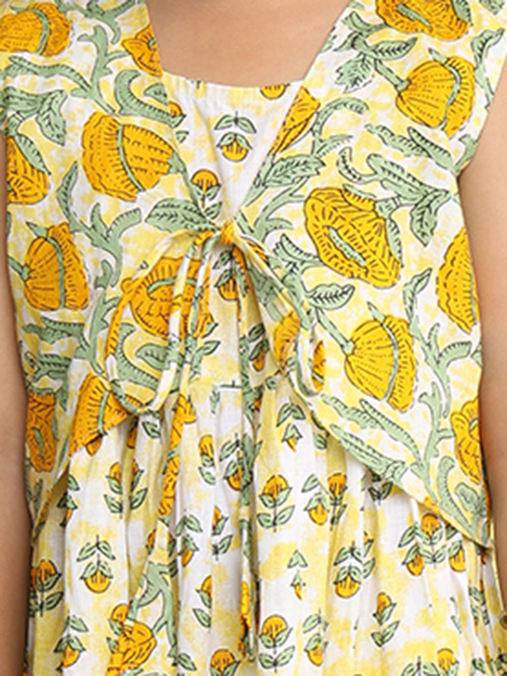 Yellow cotton floral printed Dress with sleeveless jacket