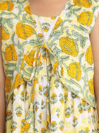 Yellow cotton floral printed Dress with sleeveless jacket