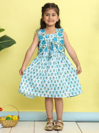 Blue cotton floral printed Dress with sleeveless jacket