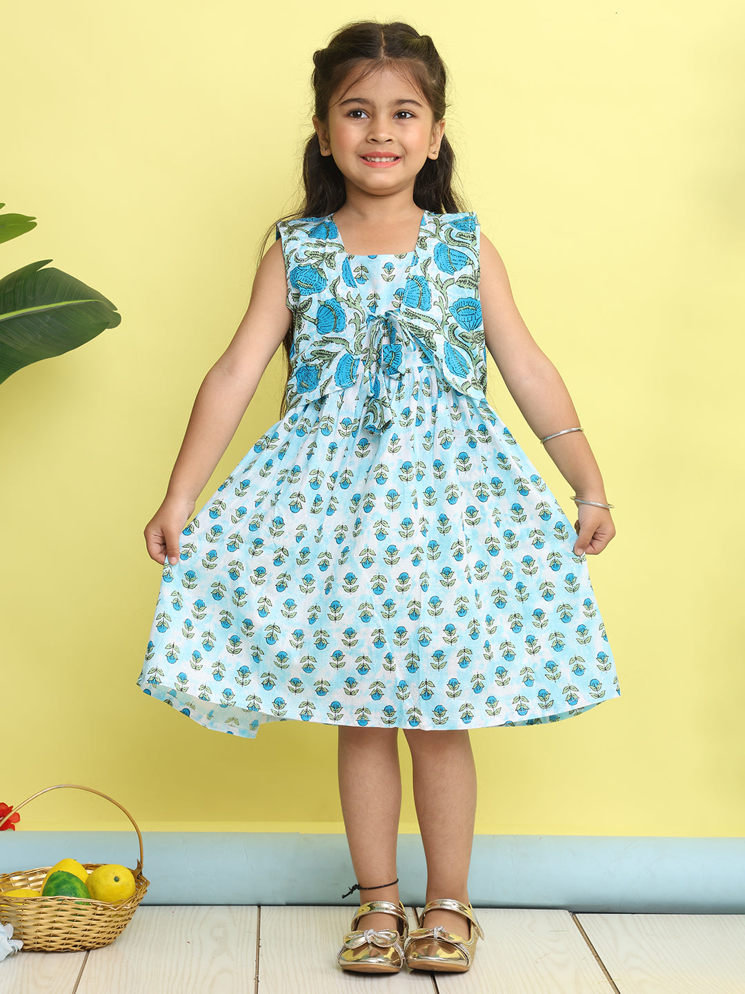 Blue cotton floral printed Dress with sleeveless jacket