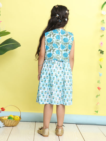 Blue cotton floral printed Dress with sleeveless jacket