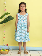 Blue cotton floral printed Dress with sleeveless jacket
