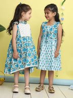 Blue cotton floral printed Dress with sleeveless jacket