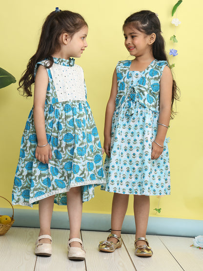 Blue cotton floral printed Dress with sleeveless jacket