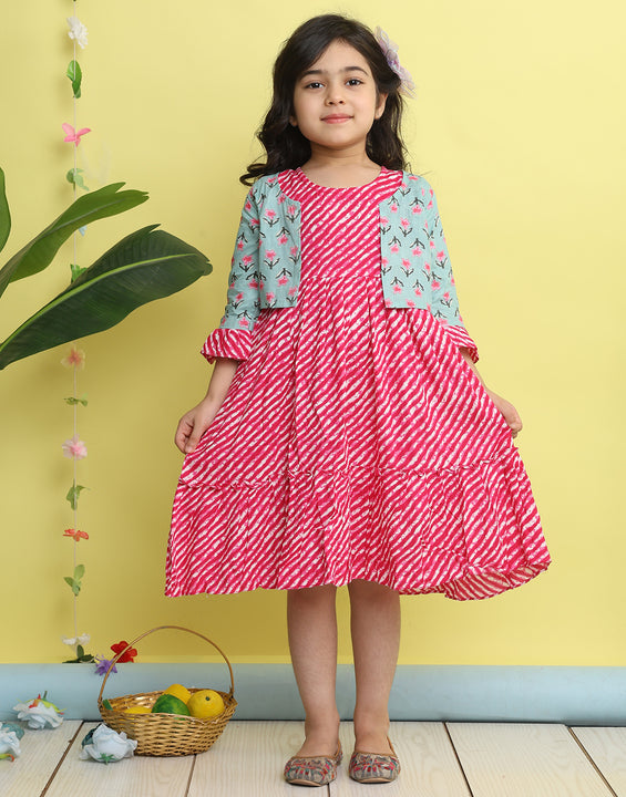 Pink cotton Lehriya printed Dress with green 3/4 sleeves jacket
