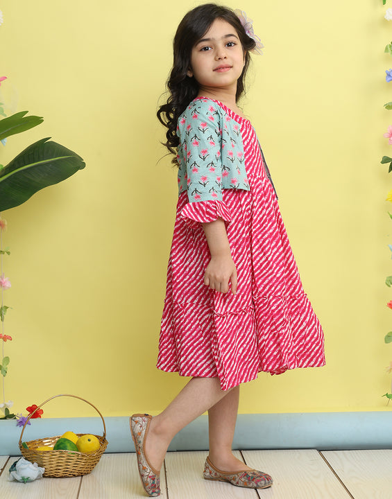 Pink cotton Lehriya printed Dress with green 3/4 sleeves jacket