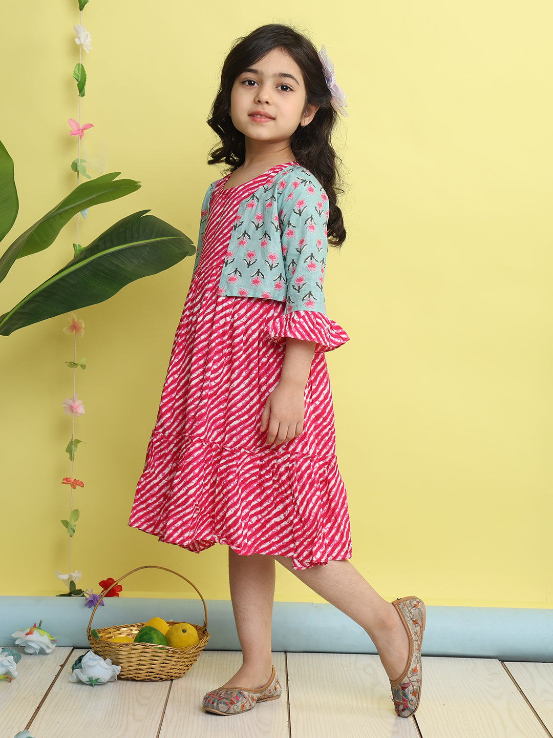 Pink cotton Lehriya printed Dress with green 3/4 sleeves jacket