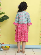 Pink cotton Lehriya printed Dress with green 3/4 sleeves jacket