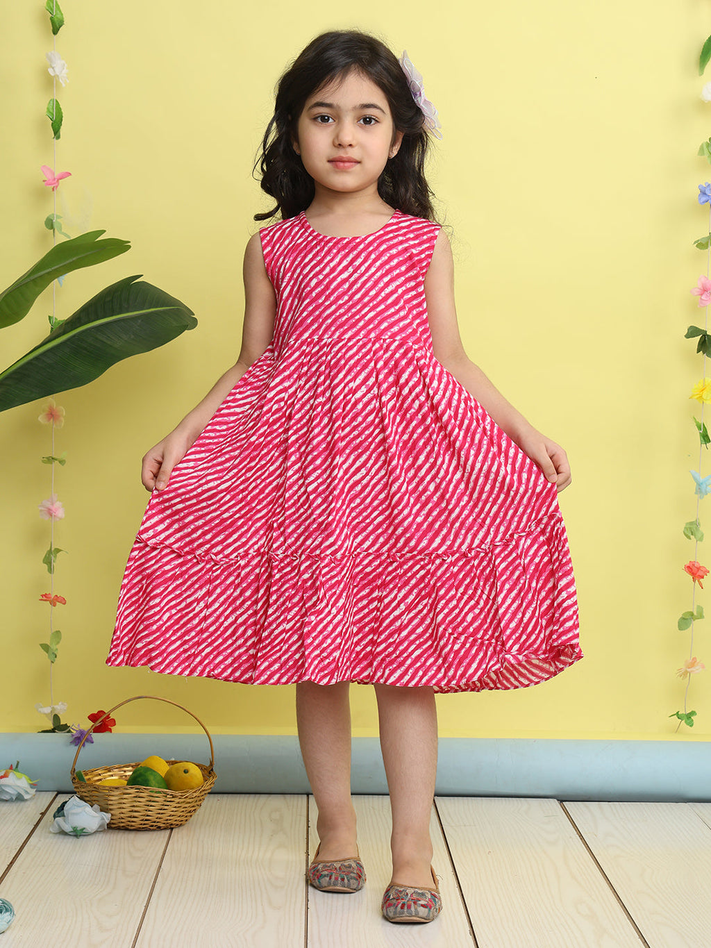 Pink cotton Lehriya printed Dress with green 3/4 sleeves jacket