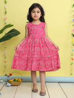 Pink cotton Lehriya printed Dress with green 3/4 sleeves jacket