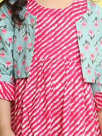 Pink cotton Lehriya printed Dress with green 3/4 sleeves jacket