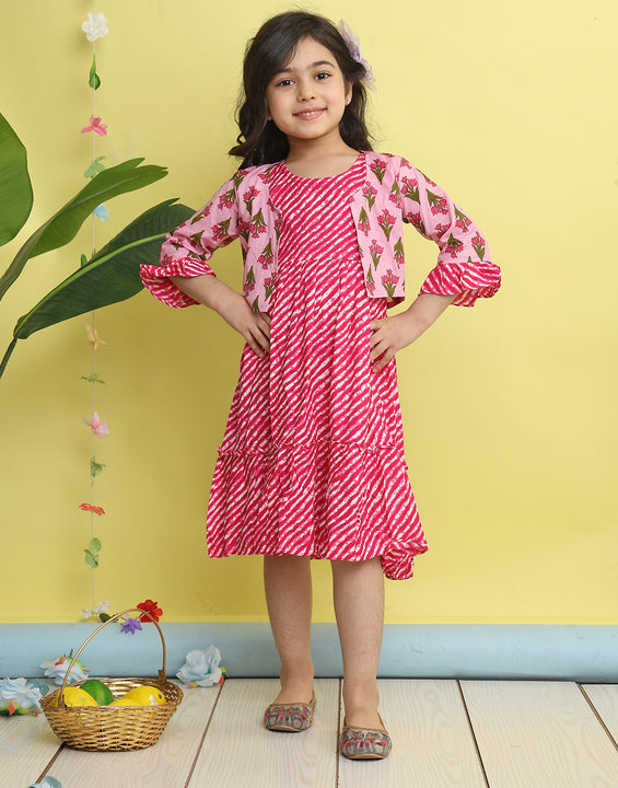 Pink cotton Lehriya printed Dress with pink 3/4 sleeves jacket