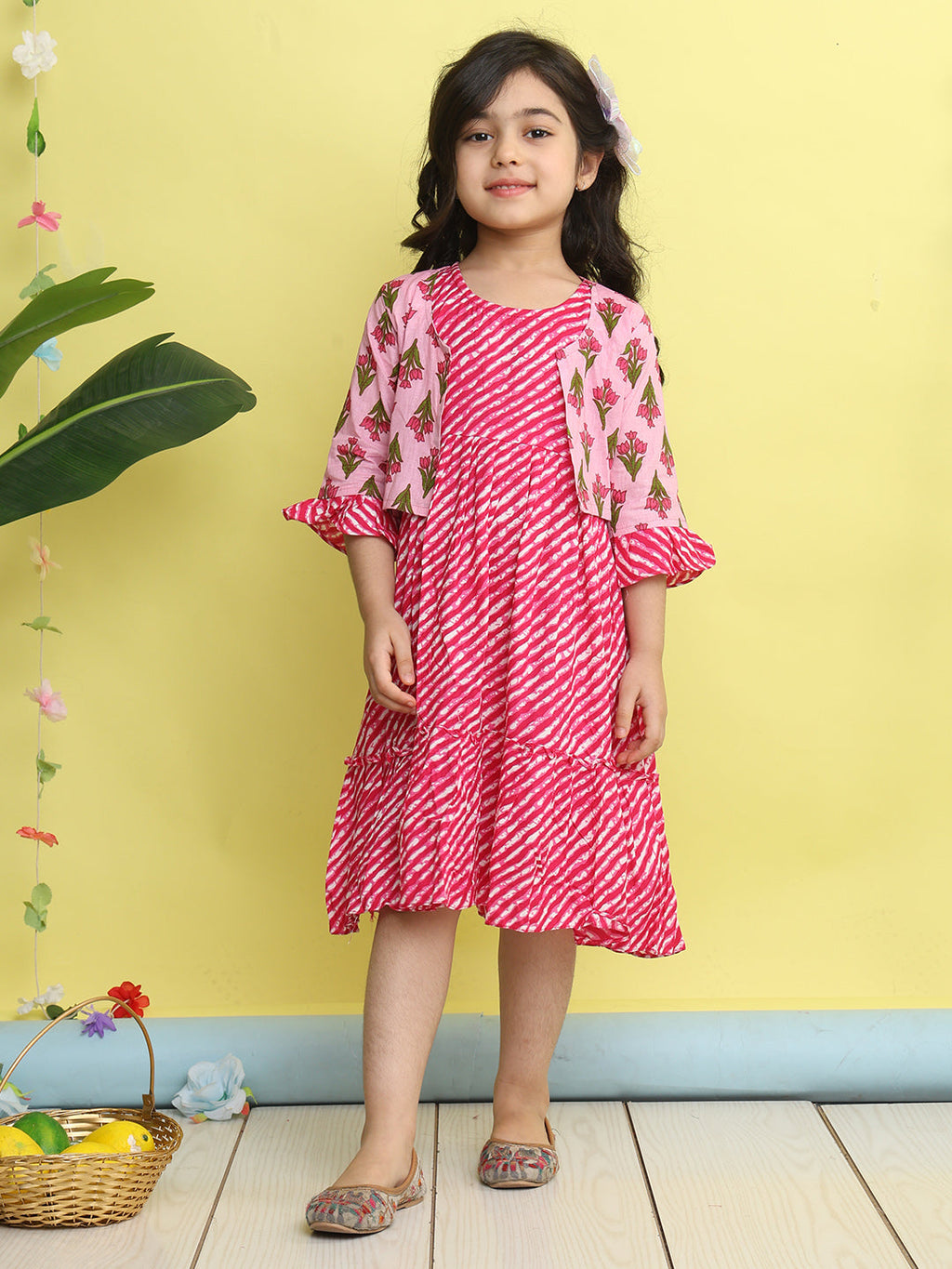 Pink cotton Lehriya printed Dress with pink 3/4 sleeves jacket