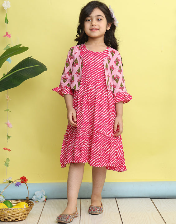 Pink cotton Lehriya printed Dress with pink 3/4 sleeves jacket