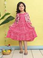 Pink cotton Lehriya printed Dress with pink 3/4 sleeves jacket