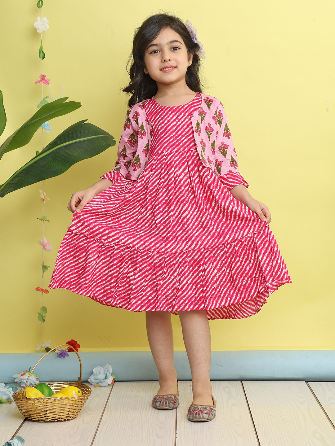 Pink cotton Lehriya printed Dress with pink 3/4 sleeves jacket