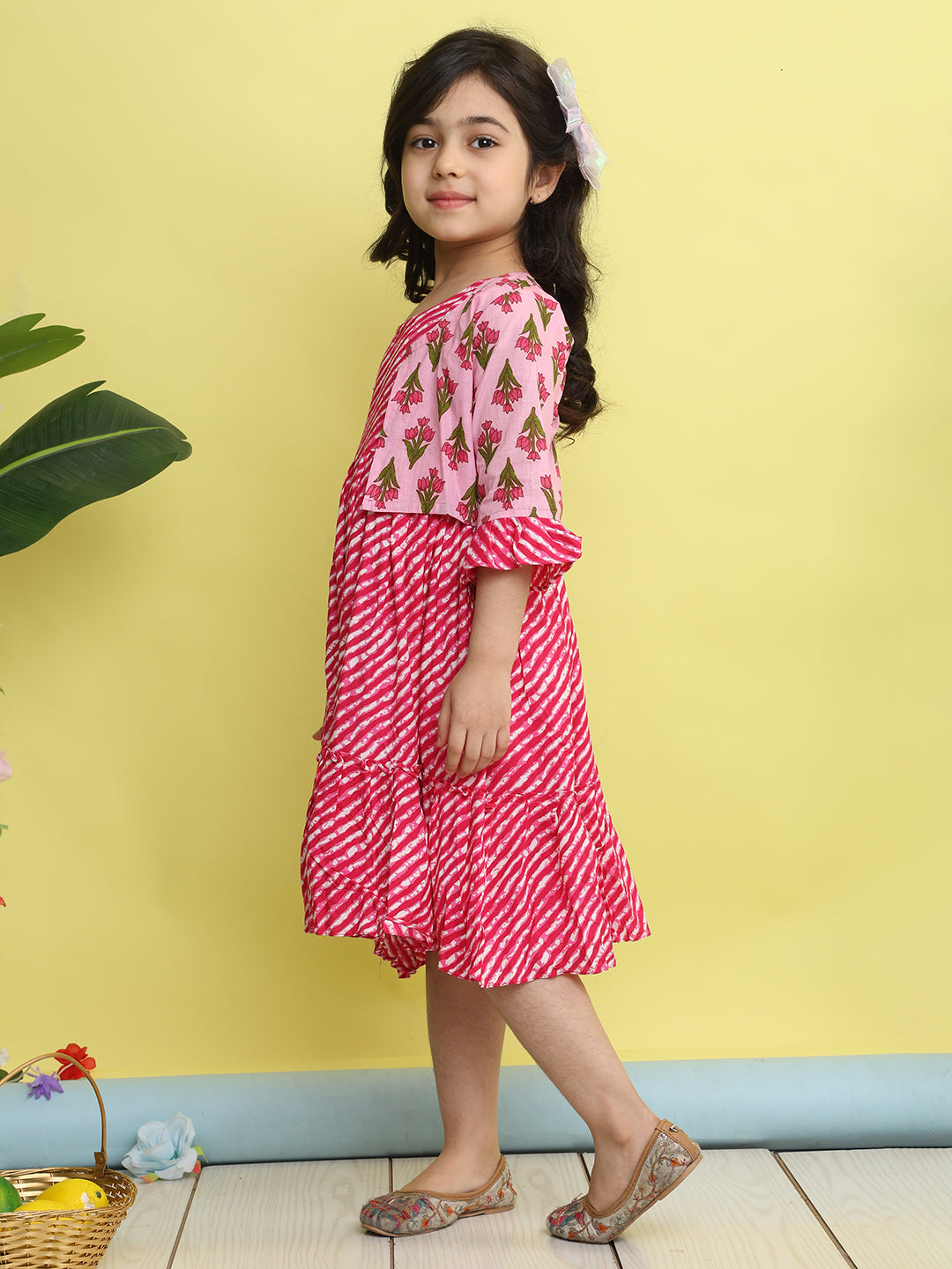 Pink cotton Lehriya printed Dress with pink 3/4 sleeves jacket