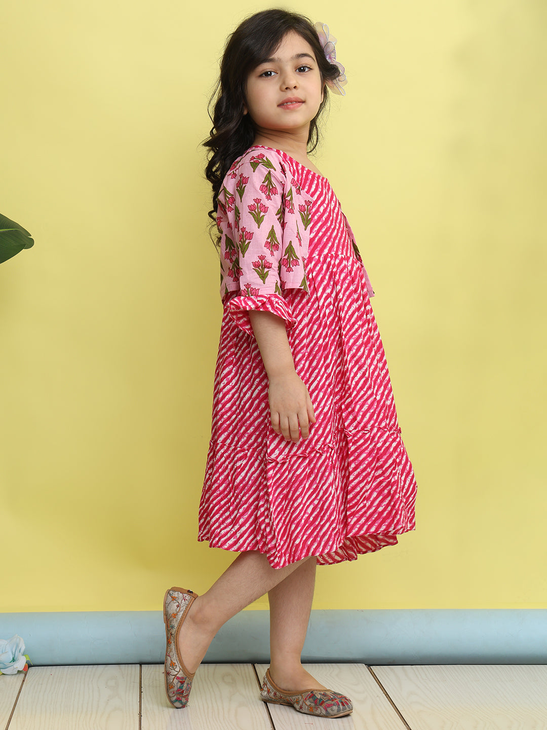 Pink cotton Lehriya printed Dress with pink 3/4 sleeves jacket