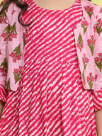 Pink cotton Lehriya printed Dress with pink 3/4 sleeves jacket