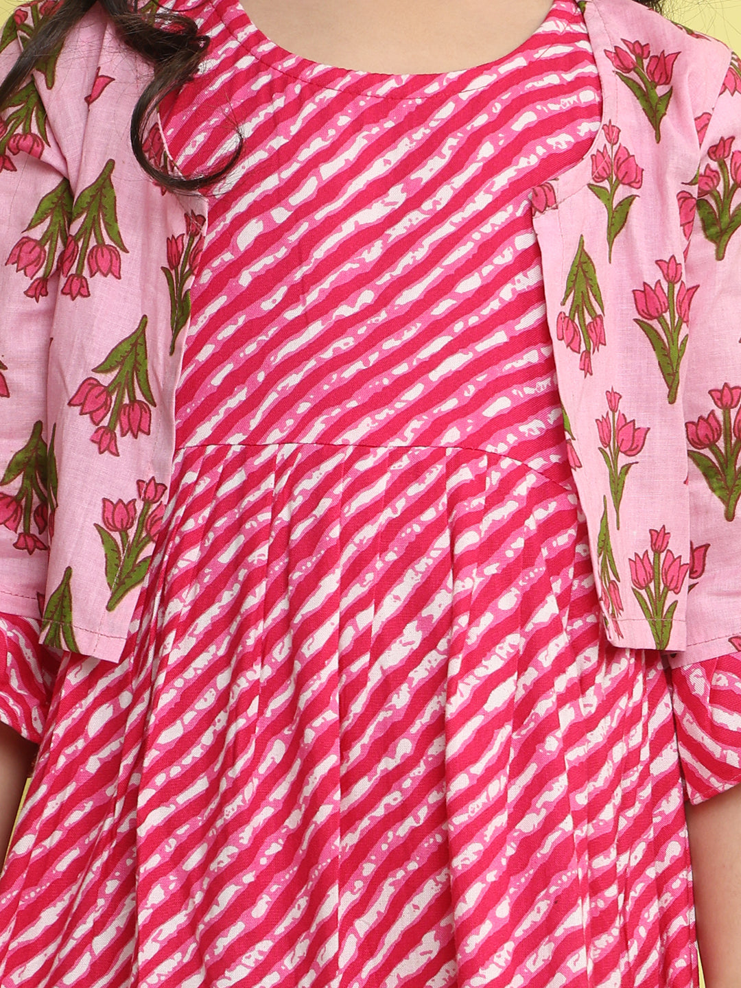 Pink cotton Lehriya printed Dress with pink 3/4 sleeves jacket