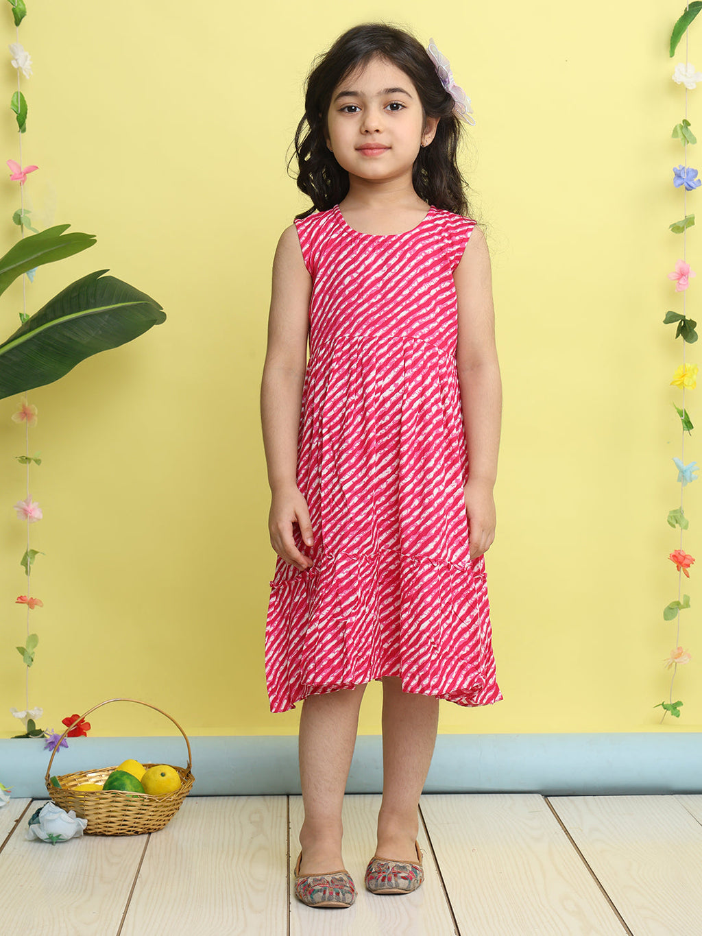 Pink cotton Lehriya printed Dress with pink 3/4 sleeves jacket