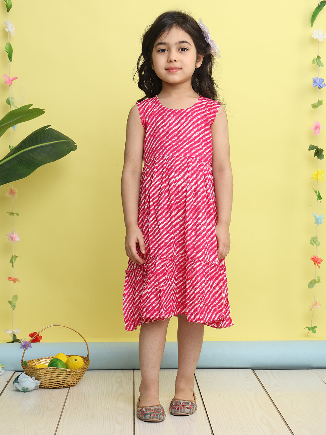 Pink cotton Lehriya printed Dress with pink 3/4 sleeves jacket