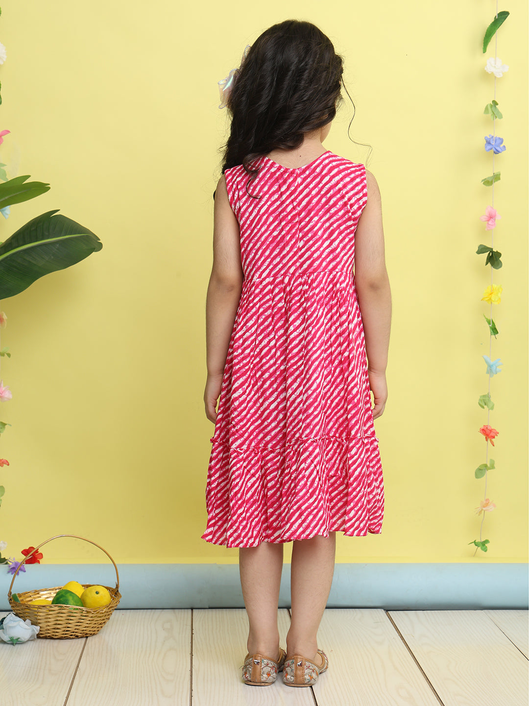 Pink cotton Lehriya printed Dress with pink 3/4 sleeves jacket