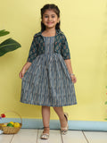 Blue cotton stripped printed Dress with floral 3/4 sleeves jacket