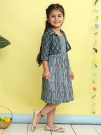 Blue cotton stripped printed Dress with floral 3/4 sleeves jacket