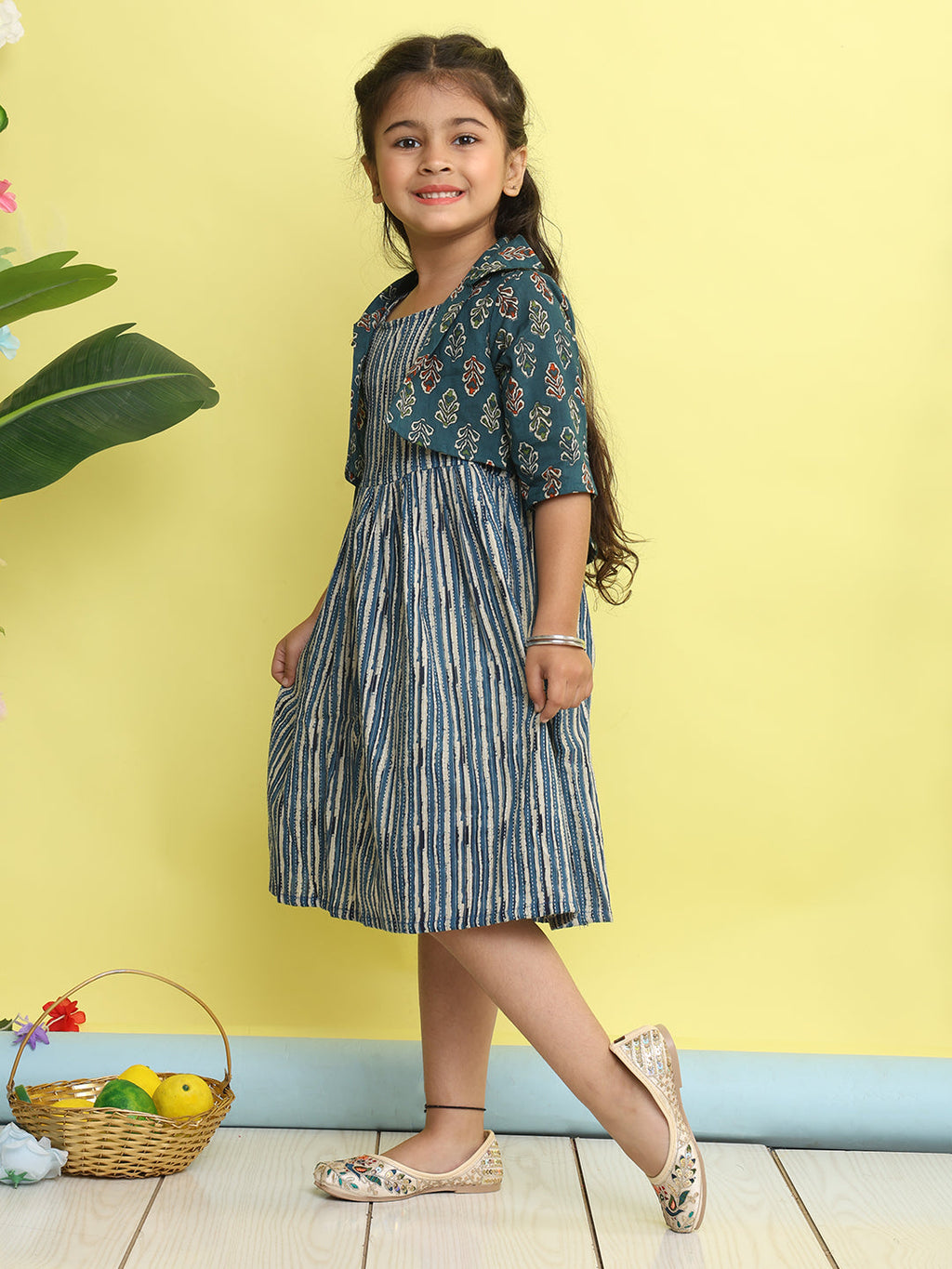 Blue cotton stripped printed Dress with floral 3/4 sleeves jacket