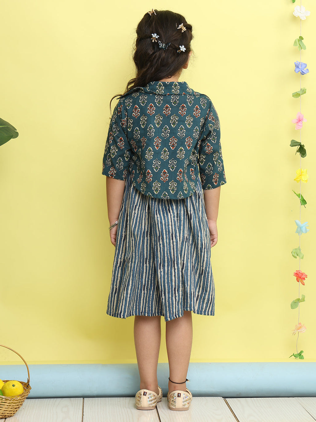 Blue cotton stripped printed Dress with floral 3/4 sleeves jacket