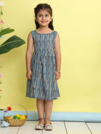 Blue cotton stripped printed Dress with floral 3/4 sleeves jacket