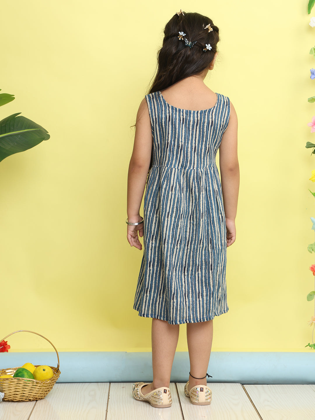 Blue cotton stripped printed Dress with floral 3/4 sleeves jacket