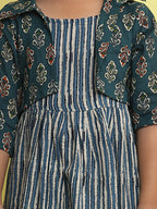 Blue cotton stripped printed Dress with floral 3/4 sleeves jacket