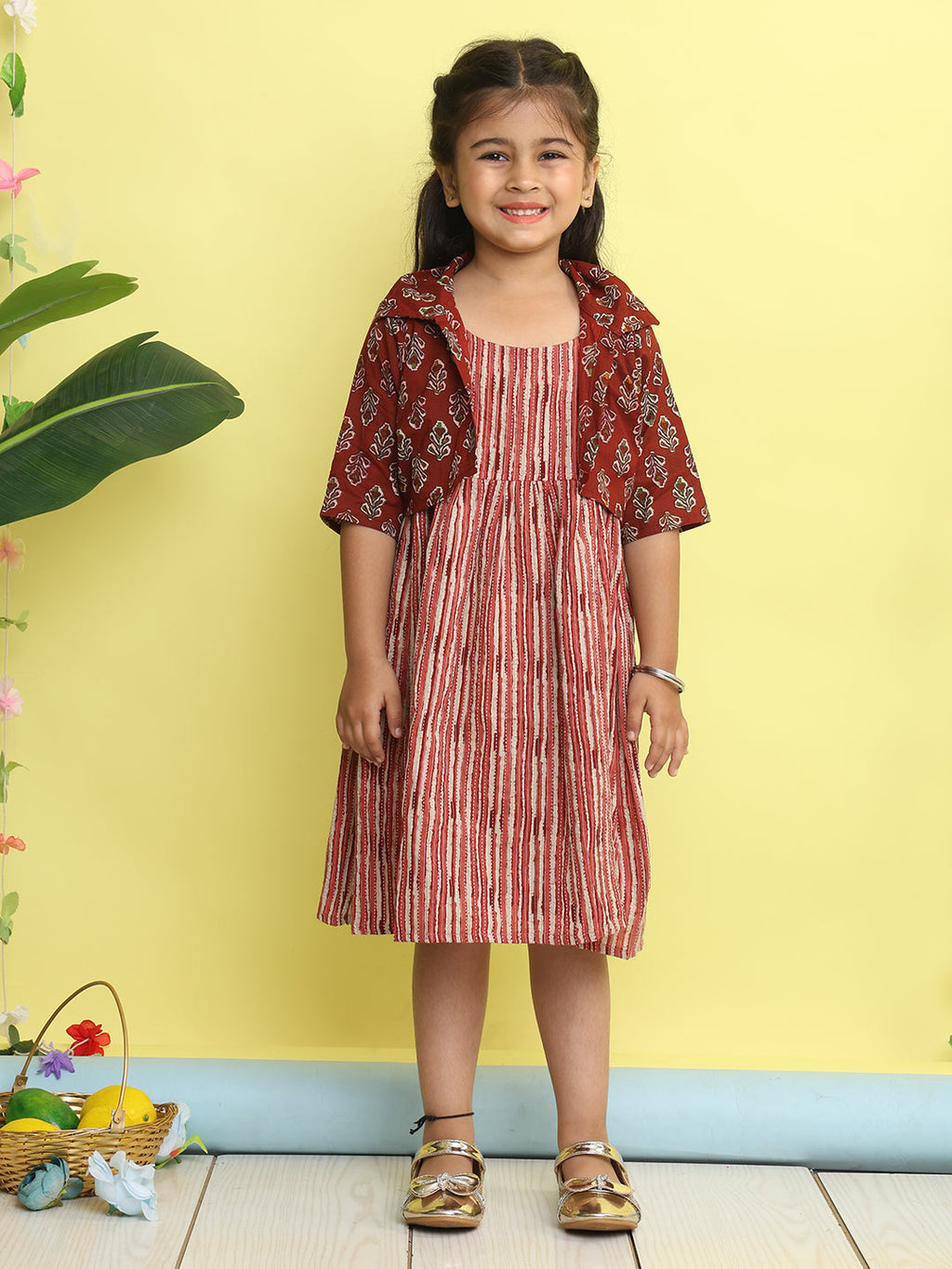 Maroon cotton stripped printed Dress with floral 3/4 sleeves jacket