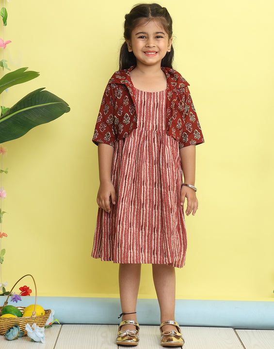 Maroon cotton stripped printed Dress with floral 3/4 sleeves jacket
