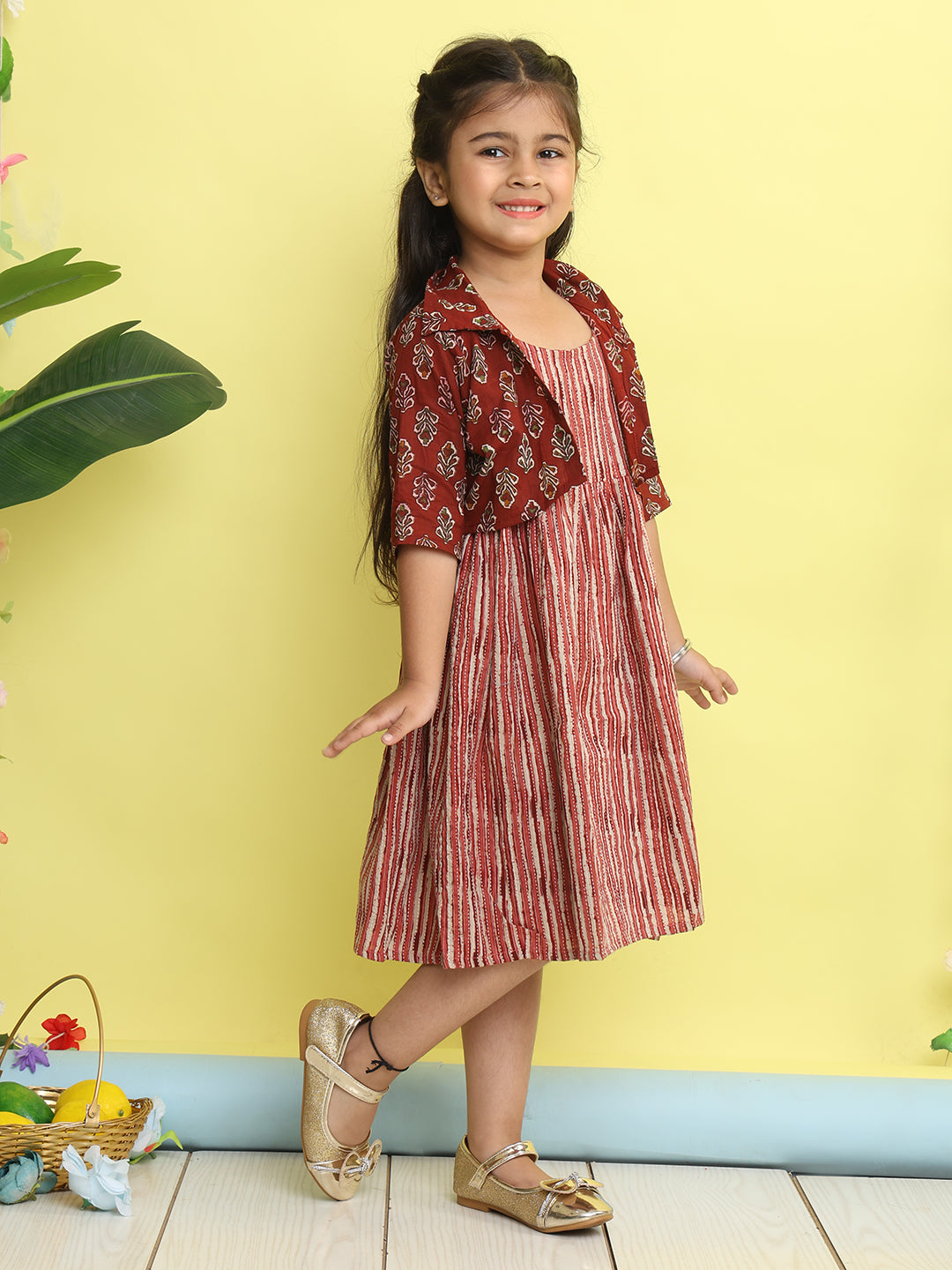 Maroon cotton stripped printed Dress with floral 3/4 sleeves jacket