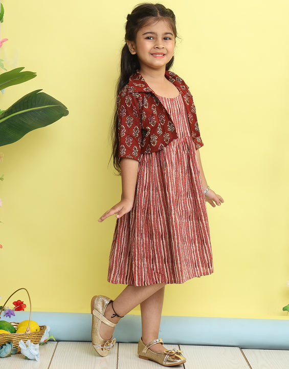 Maroon cotton stripped printed Dress with floral 3/4 sleeves jacket