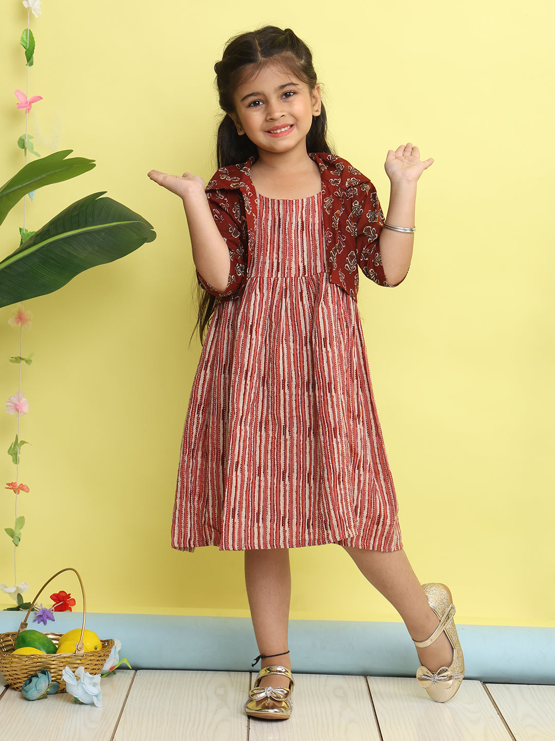 Maroon cotton stripped printed Dress with floral 3/4 sleeves jacket