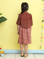 Maroon cotton stripped printed Dress with floral 3/4 sleeves jacket